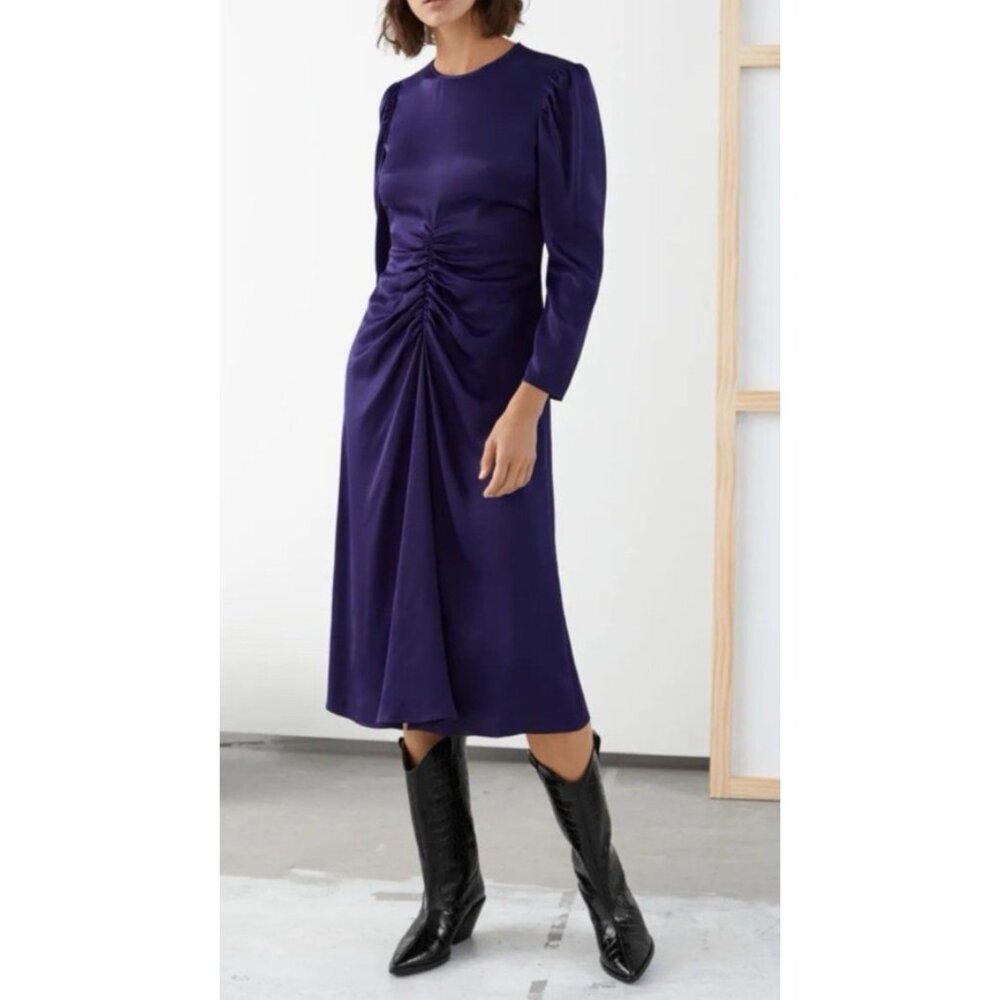 & Other Stories Midi Dress 10 Purple 3/4 Long Sleeve Stretch 20's Retro NWT